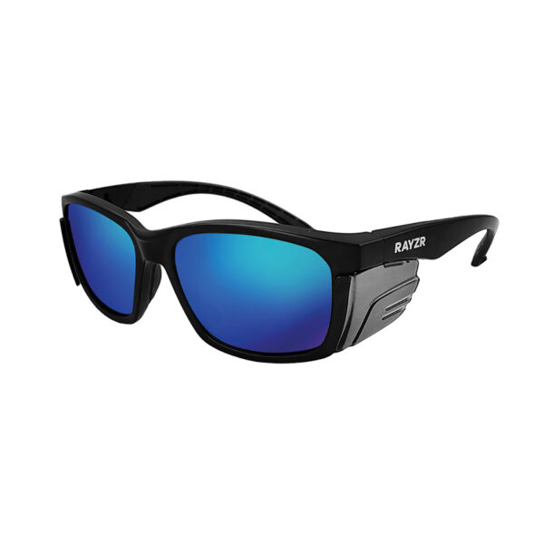 Rayzr Safety Glasses with microfibre bag - Black Frame with Blue Mirror Lens UV400 Polarised