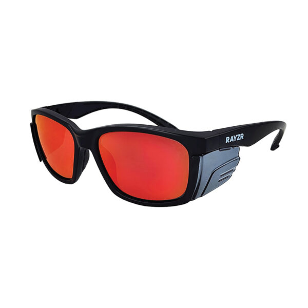 Rayzr Safety Glasses with microfibre bag - Black Frame with Red Mirror Lens UV400 Polarised