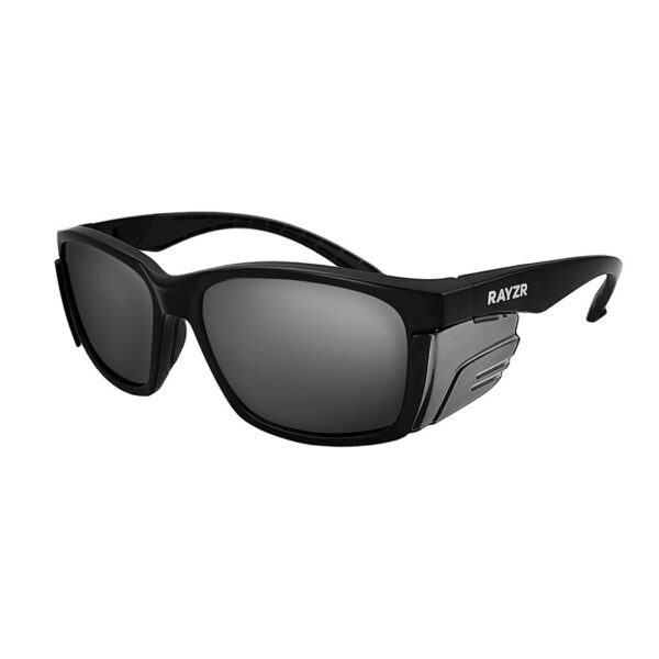 Rayzr Safety Glasses with microfibre bag - Black Frame with Smoke Lens UV380