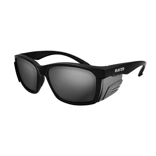 Rayzr Safety Glasses with microfibre bag - Black Frame with Smoke Lens UV400 Polarised