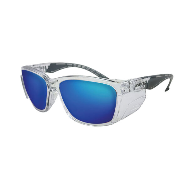 Rayzr Safety Glasses with microfibre bag - Clear Frame with Blue Mirror Lens UV400 Polarised