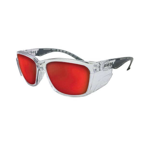 Rayzr Safety Glasses with microfibre bag - Clear Frame with Red Mirror Lens UV400 Polarised